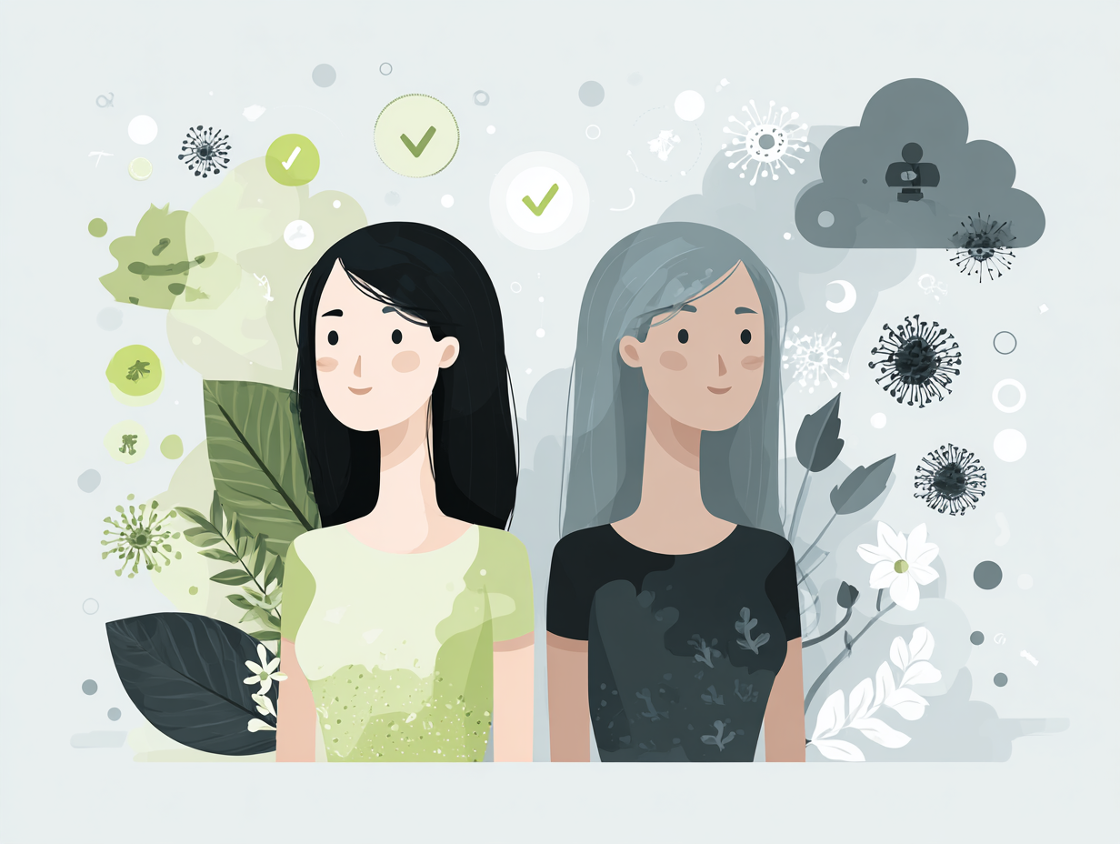 Ilustração simbólica mostrando duas situações: flora vaginal equilibrada x desequilíbrio com odor