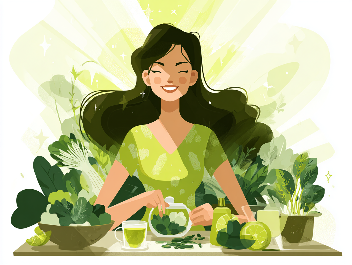 Mulher feliz com alimentos saudáveis e sensação de equilíbrio, representando prevenção de infecções por candidíase