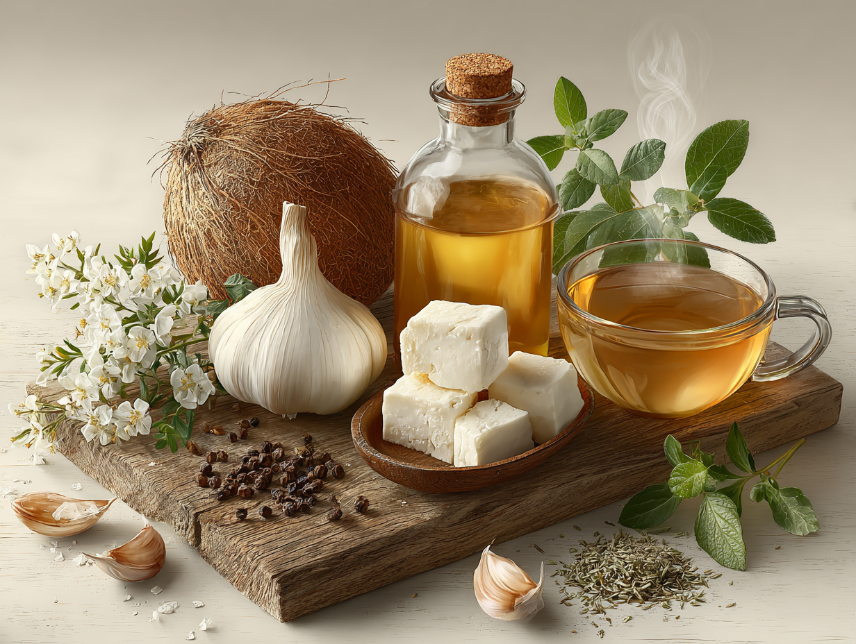 Vista superior de mesa com antifúngicos naturais usados no candidíase tratamento, como óleo de coco, alho, melaleuca, orégano e chá medicinal.