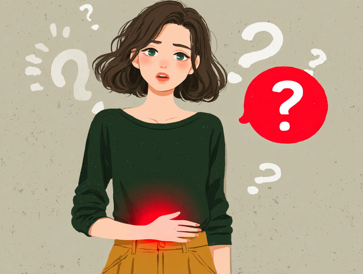 Mulher com expressão de dúvida e mão sobre o abdômen, indicando desconforto na região íntima — imagem ilustrativa sobre sintomas e início do candidíase tratamento.