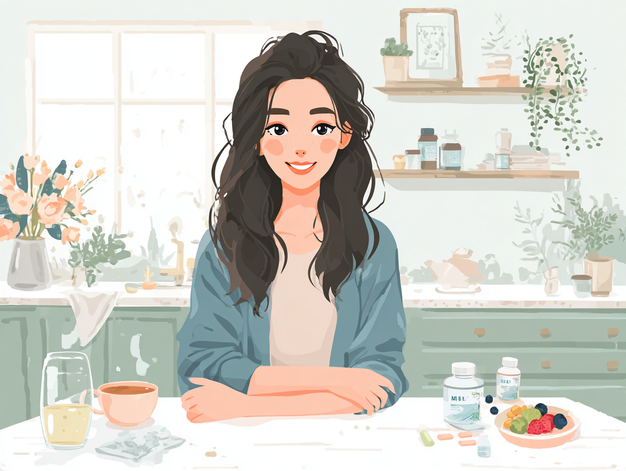 Ilustração de mulher sorrindo enquanto segue um tratamento natural de candidíase vaginal com alimentos e probióticos