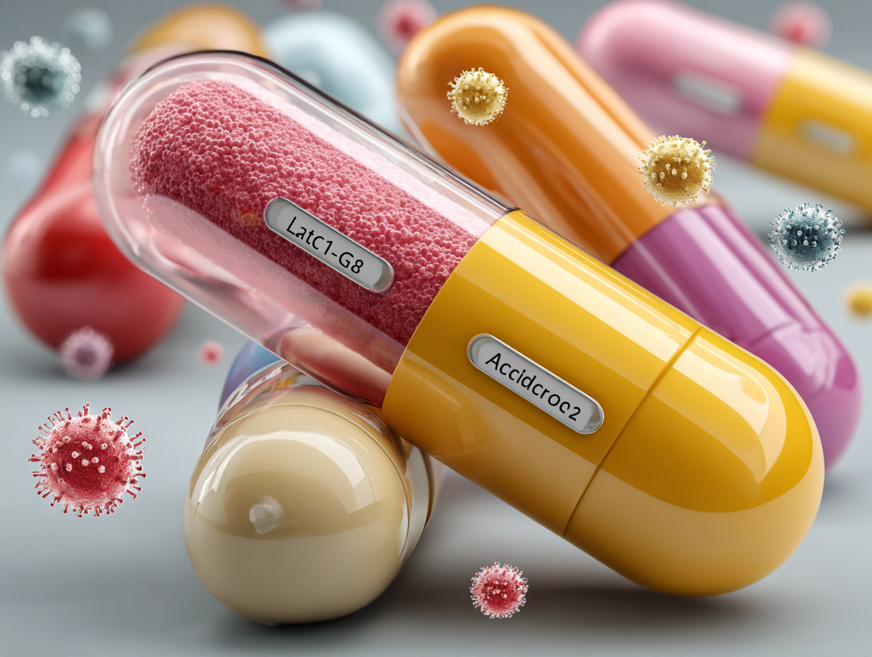 Ilustração flat de diferentes cápsulas de probióticos, cada uma simbolizando uma cepa bacteriana específica, com ícones de microbiota ao fundo.