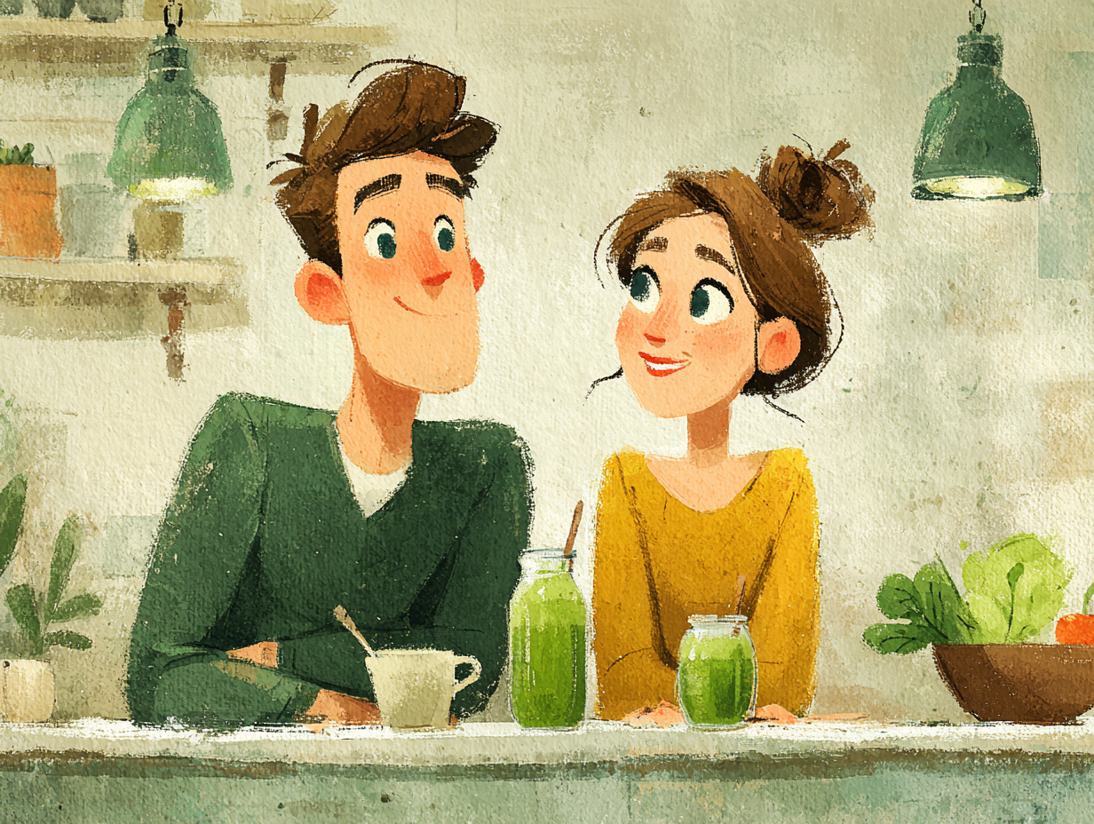 Ilustração médica de um casal feliz comendo alimentos saudáveis à mesa, representando bem-estar e adesão ao tratamento natural da candidíase.