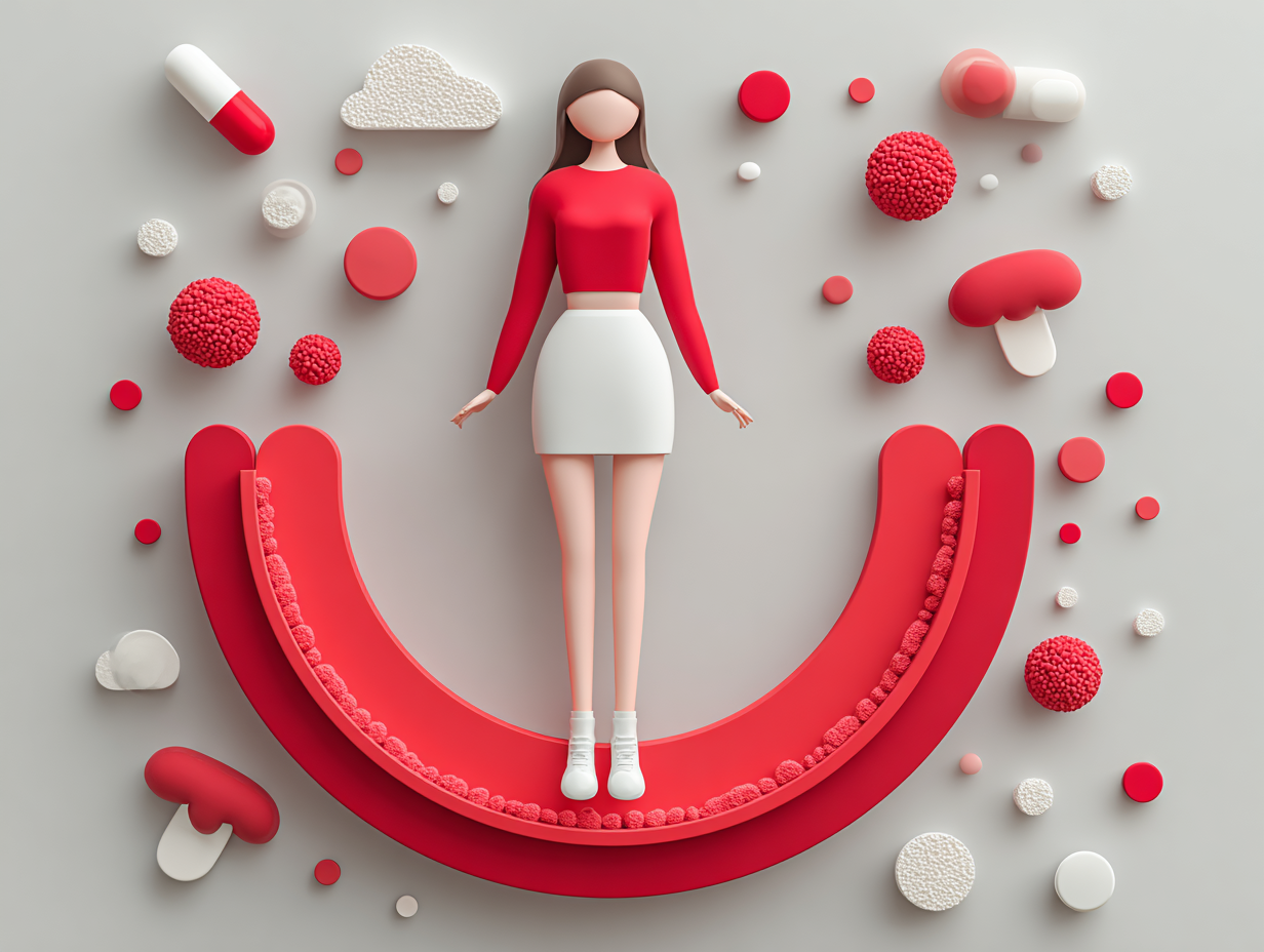 Ilustração médica representando as principais causas da candidíase, como açúcar, antibióticos e imunidade baixa.