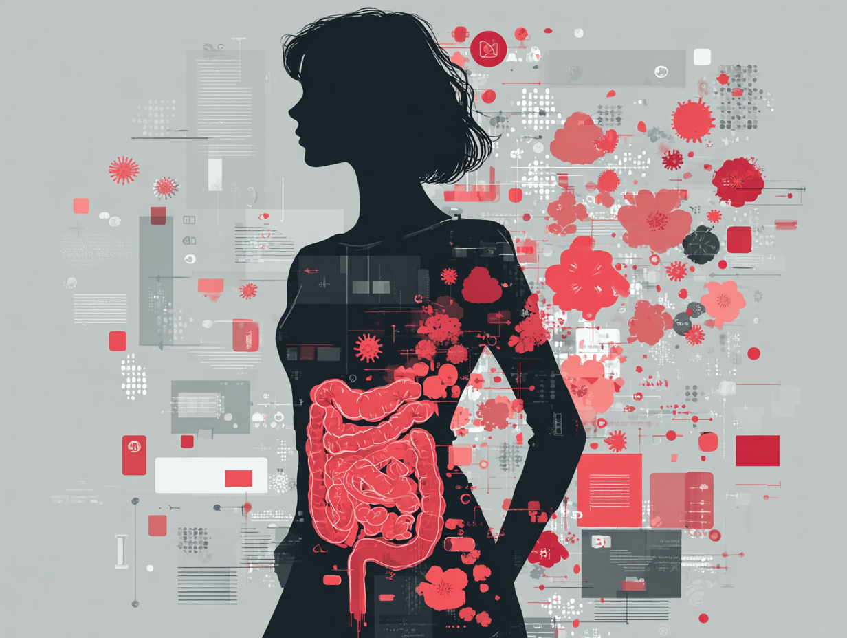 Silhueta feminina com luz vermelha no intestino e ícones ao redor representando as causas da candidíase intestinal como açúcar, estresse e antibióticos.