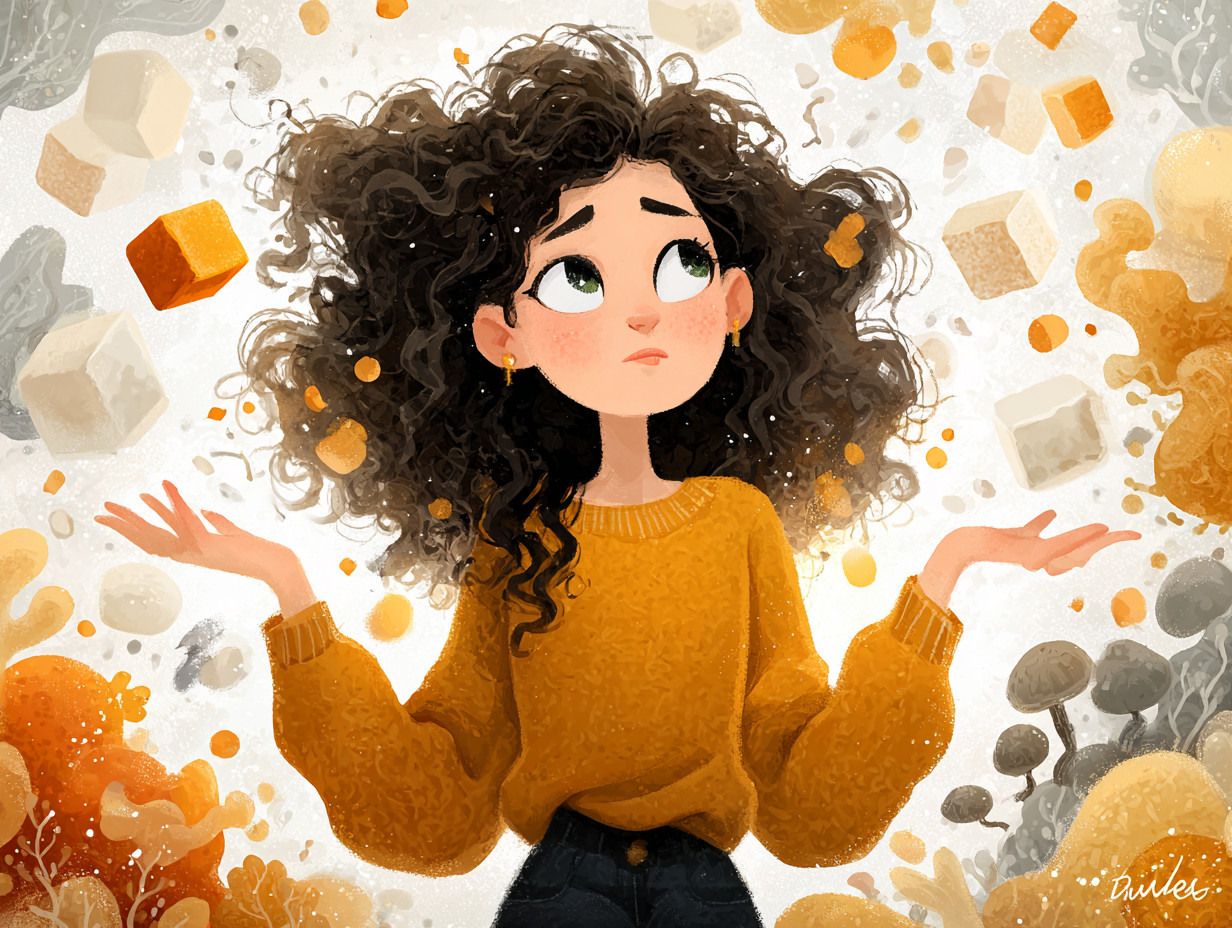 Mulher ao centro cercada por causas visuais da candidíase avançada como açúcar, antibióticos, estresse e desequilíbrio intestinal.