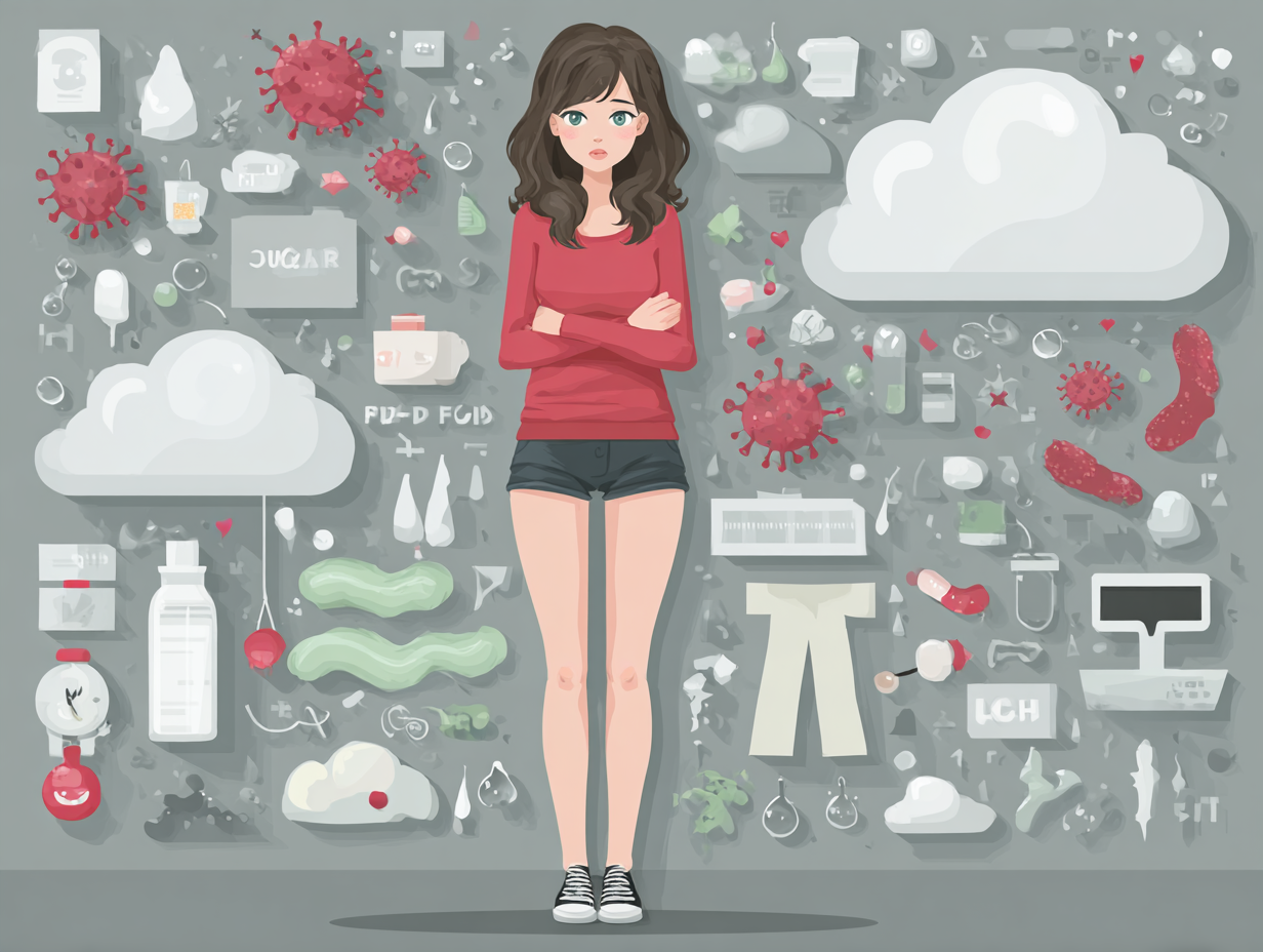 Infográfico médico com mulher ao centro e ícones que representam causas de ardência vaginal como açúcar, pH alterado, estresse e fungos.