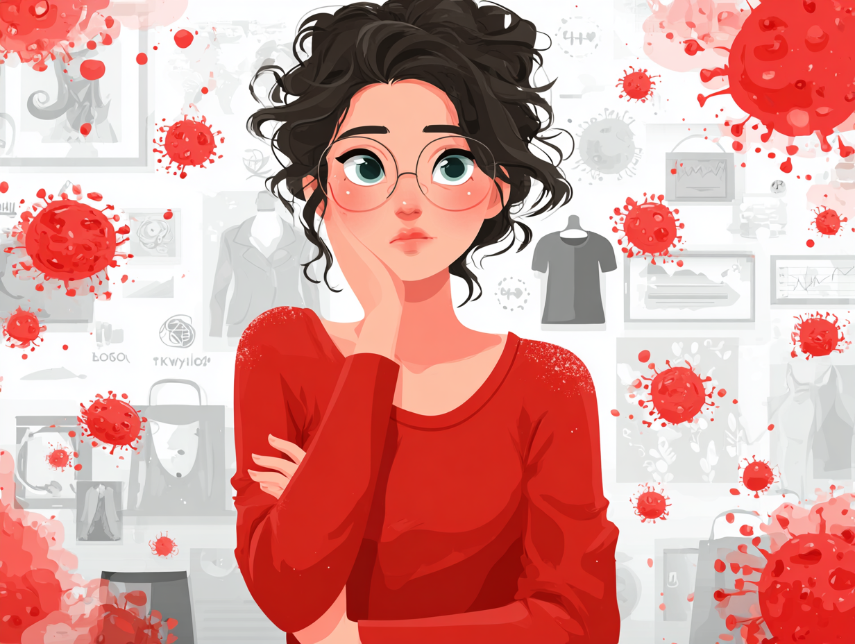 Pessoa ilustrada com elementos visuais representando as causas da candidíase cutânea, como roupas apertadas, calor, açúcar e baixa imunidade, com foco em dobras da pele.