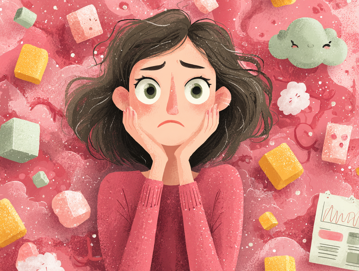 Mulher preocupada cercada por ícones como açúcar, estresse, absorventes e baixa imunidade, representando as causas da candidíase após o ciclo.