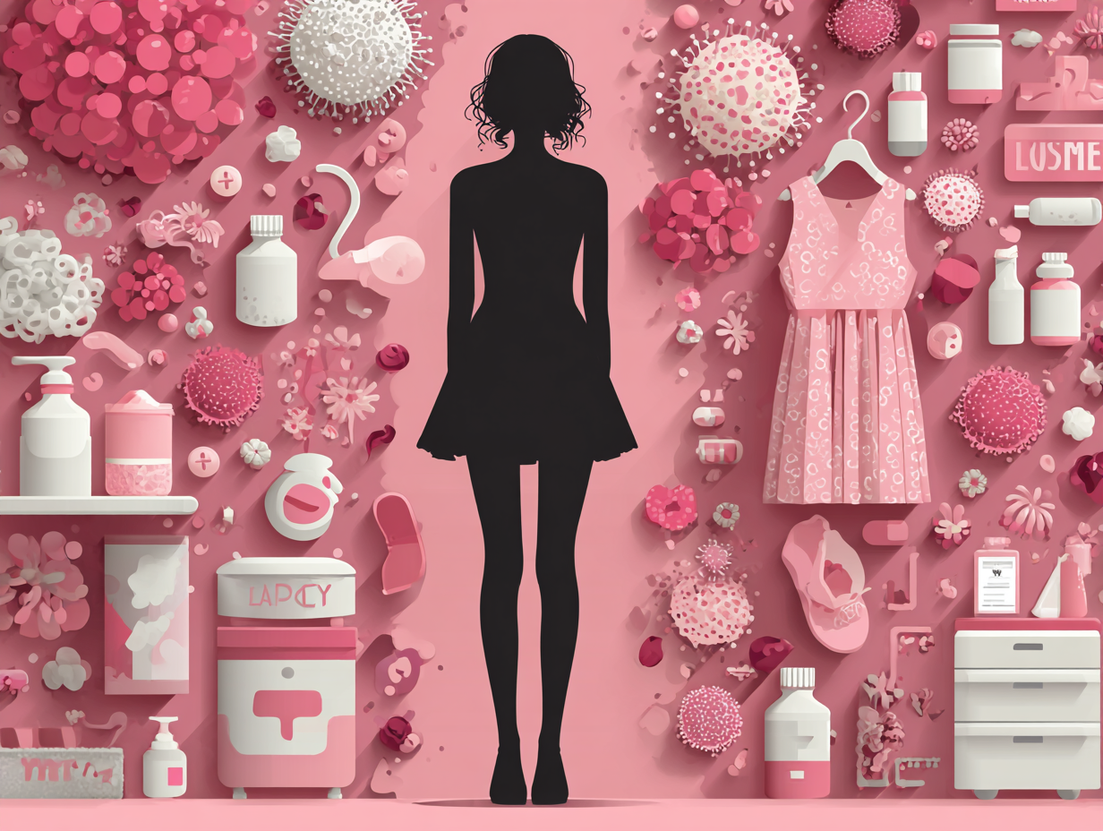 Mulher cercada por ícones que representam as causas da candidíase, como açúcar, roupas justas, antibióticos e desequilíbrio hormonal.