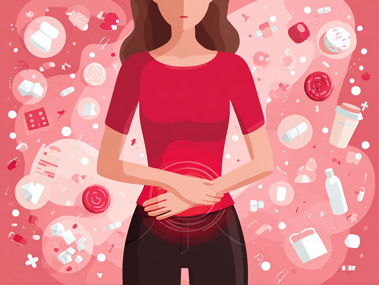 Mulher cercada por elementos que favorecem infecção por fungos vaginais, como açúcar, estresse, pílulas, roupas apertadas e imunidade baixa