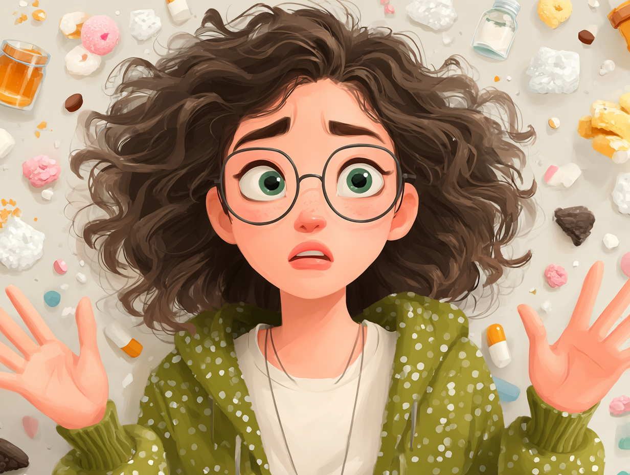 Ilustração de uma mulher cercada por causas visuais de infecções vaginais, como açúcar, estresse e imunidade baixa.