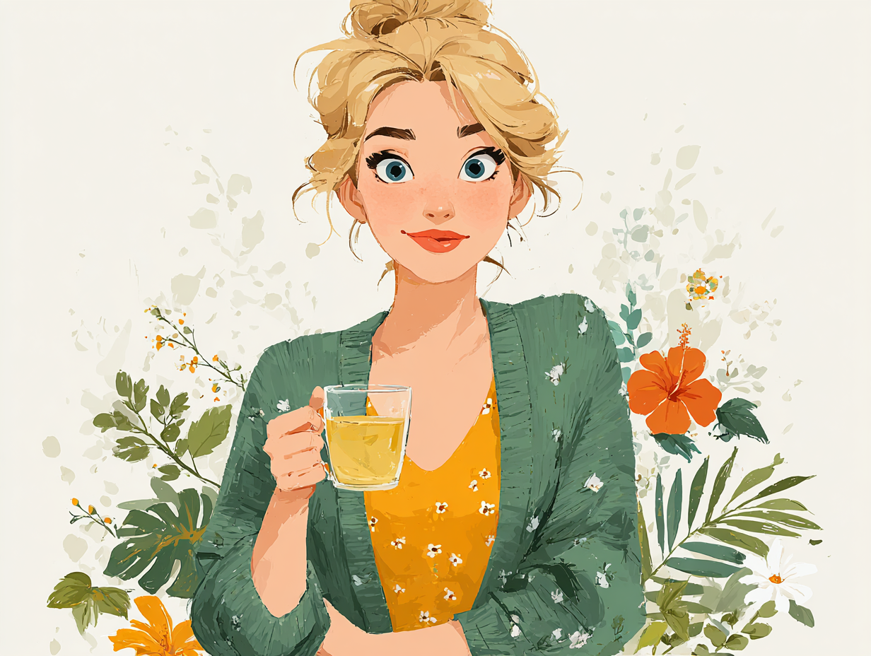 Ilustração flat de mulher loira feliz tomando um chá antifúngico, com ervas medicinais ao redor simbolizando saúde natural e equilíbrio.