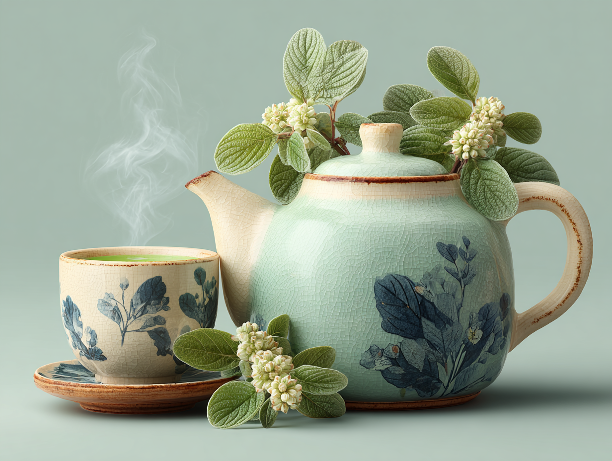 Ilustração de bule e xícara com chá de orégano, adornados com folhas verdes da planta, representando infusão natural de orégano para candidíase.