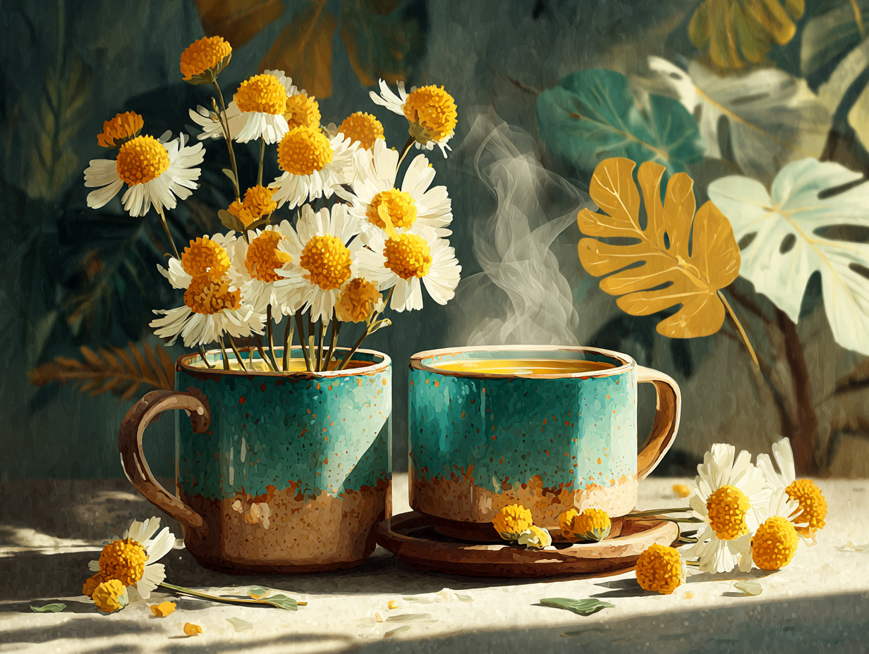 Xícaras de chá de camomila e poejo com ervas secas ao lado, representando bebidas naturais usadas como remédio caseiro para candidíase.