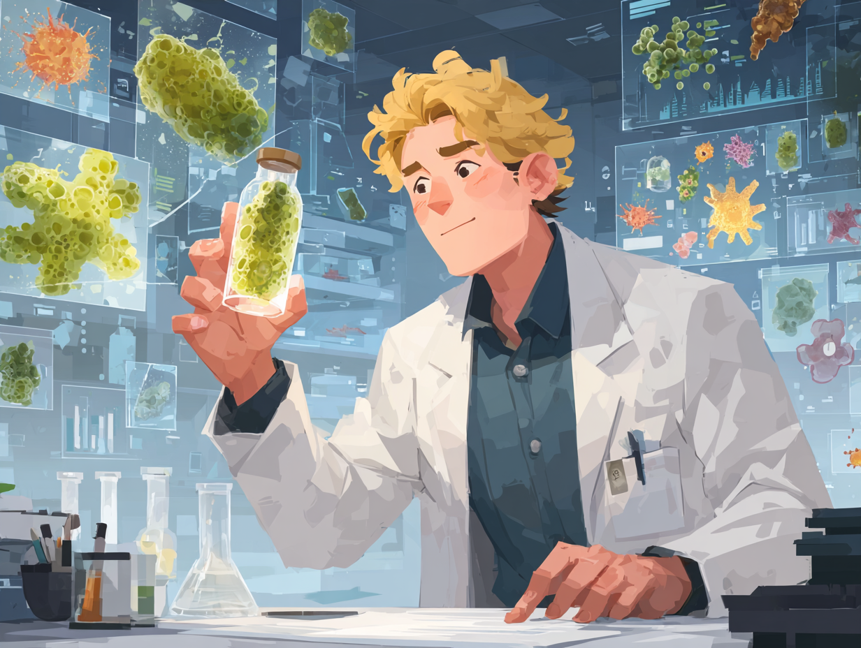 Ilustração flat de cientista loiro em laboratório examinando um suplemento probiótico com ícones ao redor representando fungos, microbiota e bactérias boas.