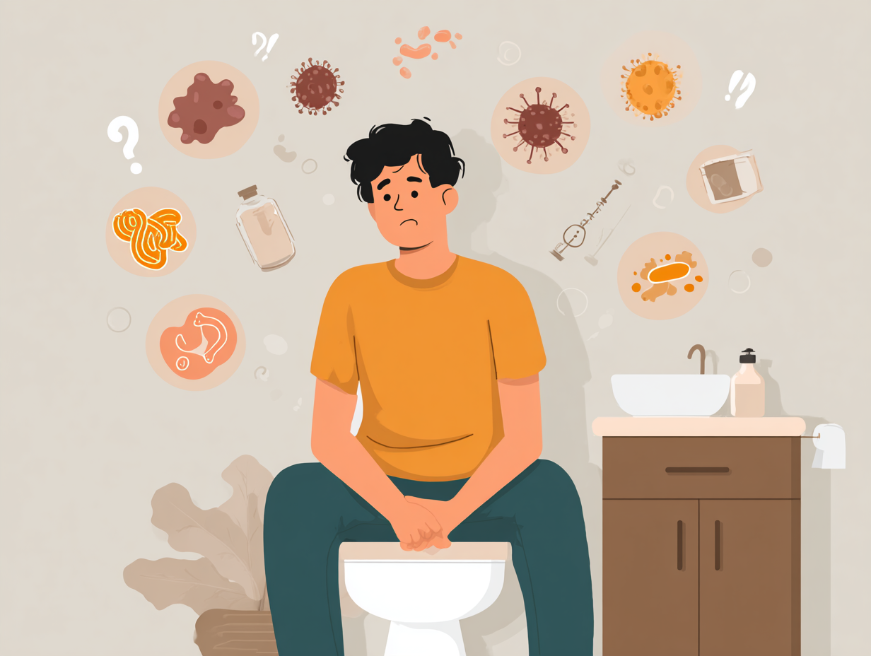 Ilustração conceitual com causas da coceira e vermelhidão no pênis, como fungos, má higiene e alergias