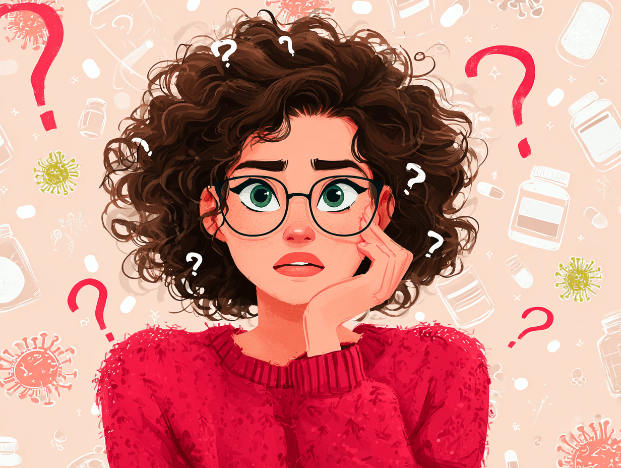 Ilustração médica estilo flat de uma mulher morena de óculos com expressão confusa e interrogações na cabeça, cercada por cápsulas e símbolos de probióticos, representando dúvidas sobre os melhores probióticos para candidíase.
