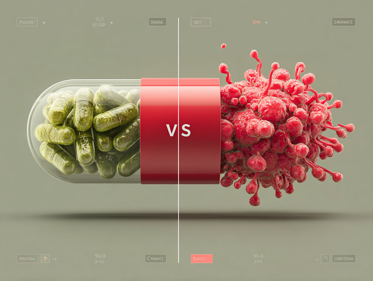 Ilustração flat comparando probióticos e fungos da candidíase, com destaque visual para o contraste entre bactérias boas e microrganismos nocivos.