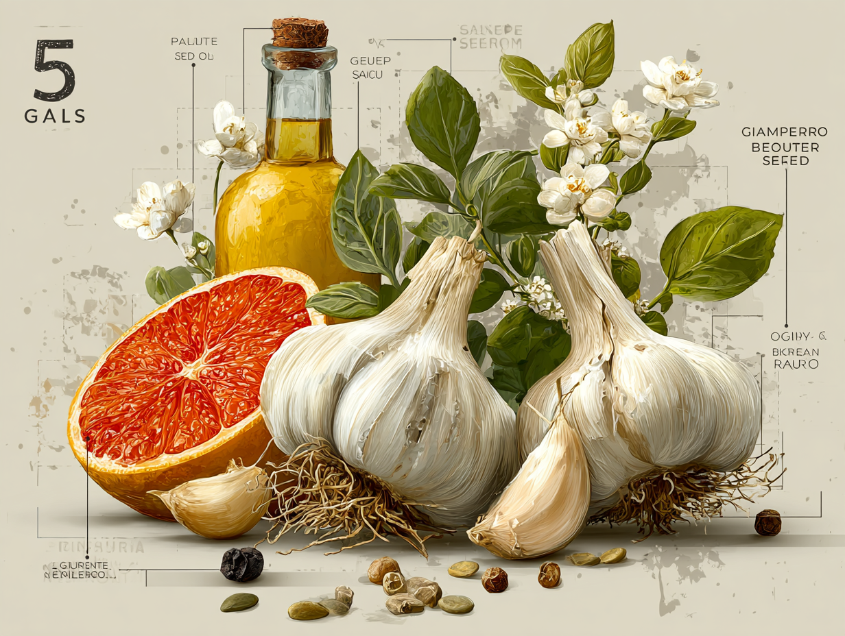 Ilustração médica mostrando cinco compostos naturais com ação antifúngica usados como suplemento para candidíase.