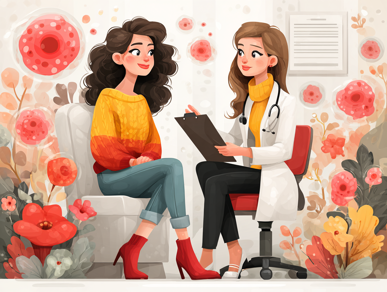 Ilustração médica de uma mulher conversando com sua médica, com ícones de fungos ao redor, indicando uma consulta sobre candidíase com abordagem funcional.