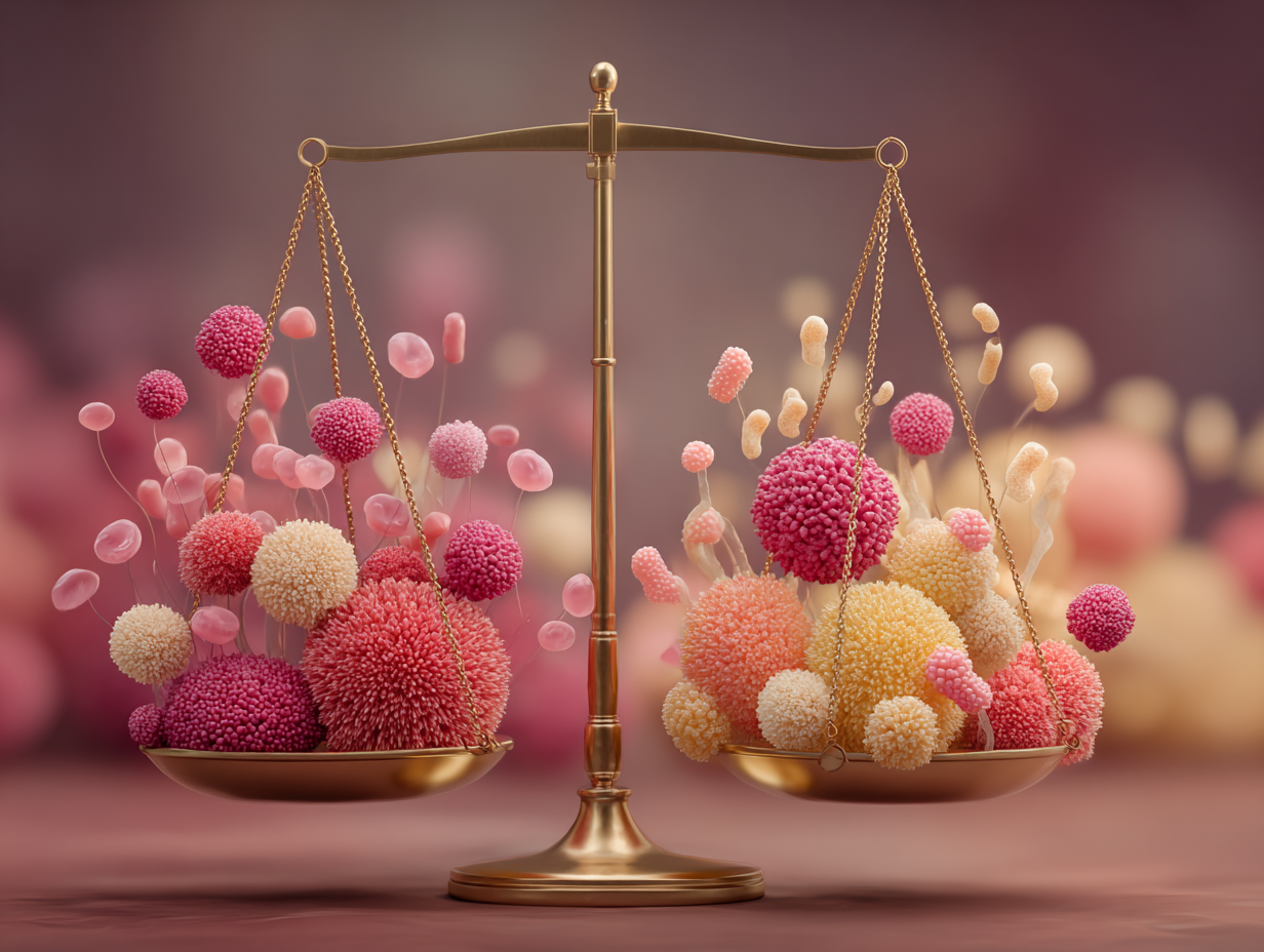 Ilustração conceitual de uma balança desequilibrada, com fungos e hormônios pesando mais que bactérias boas, simbolizando a disbiose que favorece a candidíase.