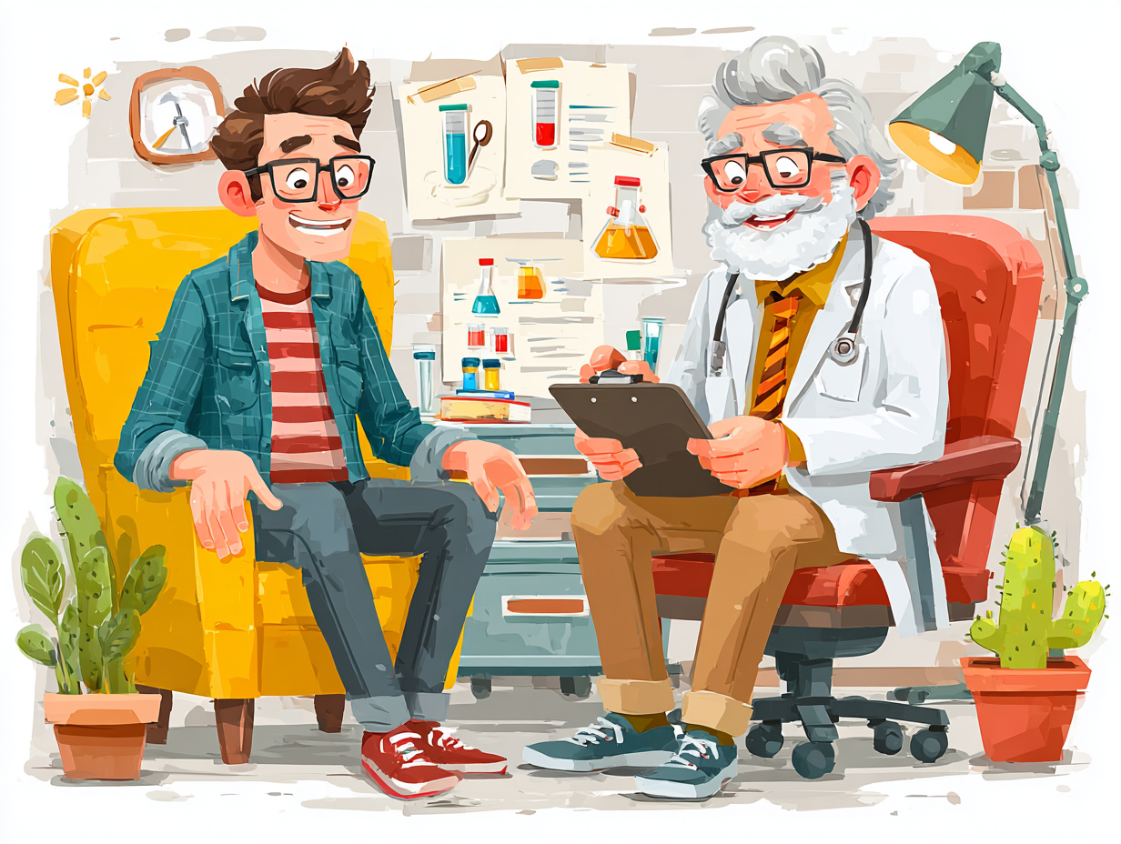 Ilustração de um homem conversando com um médico, com ícones representando o diagnóstico da candidíase masculina de forma discreta e profissional