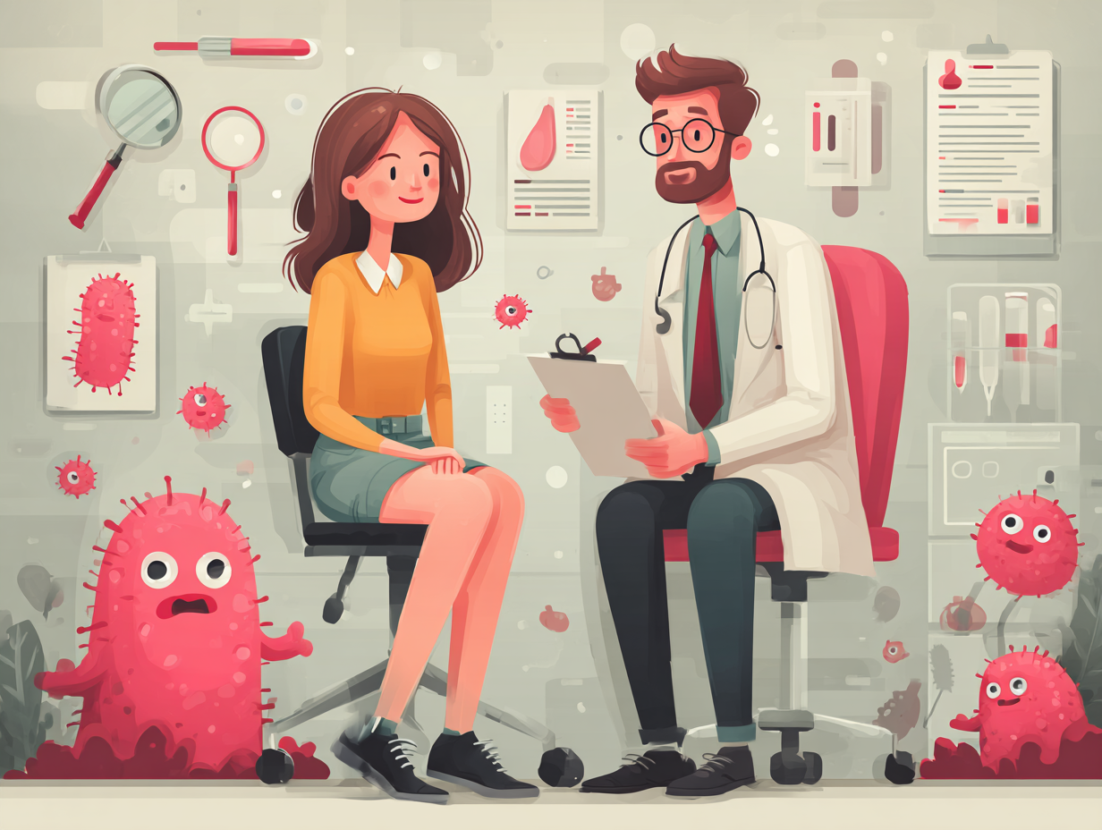  Ilustração médica representando o momento do diagnóstico clínico da candidíase, com médico e paciente em conversa avaliando sintomas