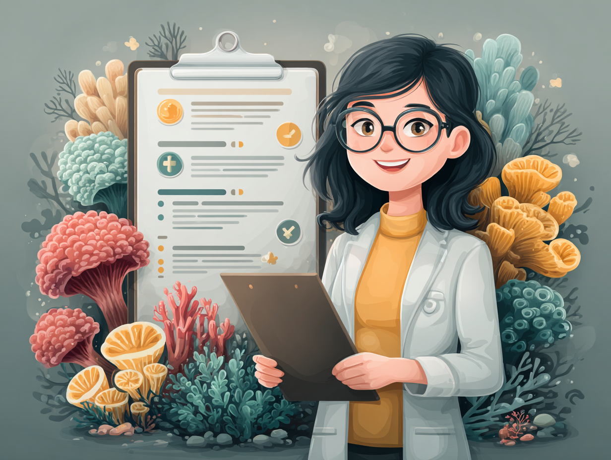 Ilustração médica de ginecologista explicando alternativas de tratamento para candidíase, unindo antifúngicos convencionais e suporte natural.