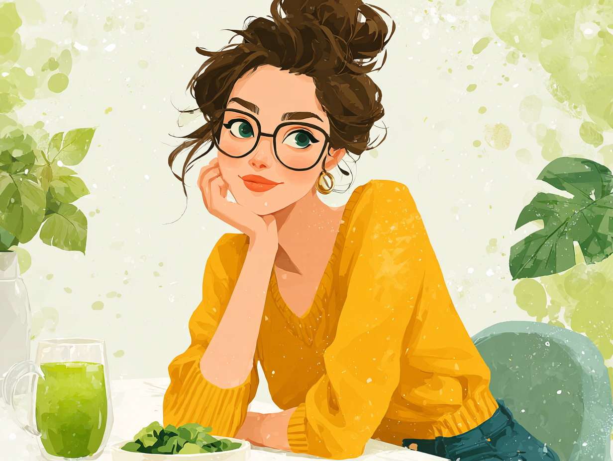Ilustração de uma mulher feliz consumindo vegetais e chá natural, representando uma alimentação equilibrada para prevenção da candidíase