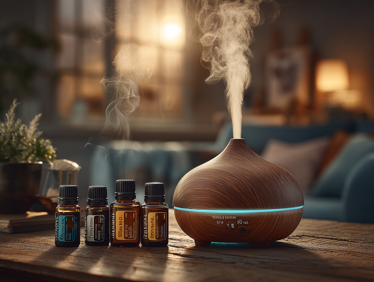 Foto realista de um difusor soltando vapor ao lado de frascos de óleos essenciais, destacando o uso da aromaterapia.