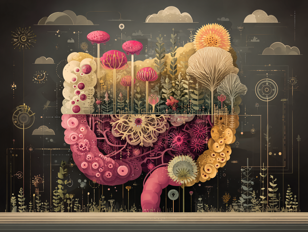 Representação médica da disbiose intestinal com desequilíbrio da flora, excesso de fungos e barreira enfraquecida. Uma das grandes causas da da candidíase.