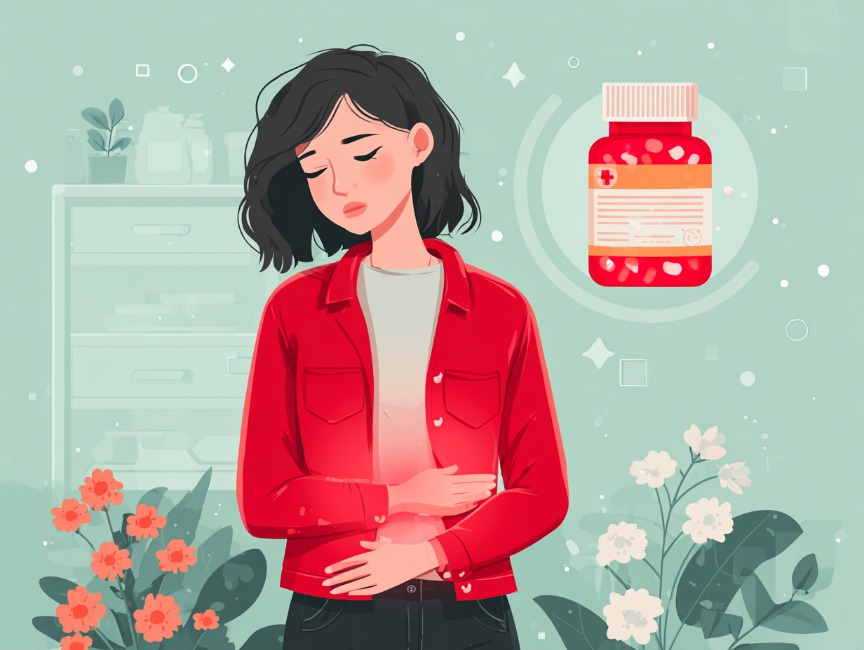 Ilustração de uma mulher com dor na região pélvica, com um frasco de antibiótico ao lado indicando a possível causa da infecção por Candida