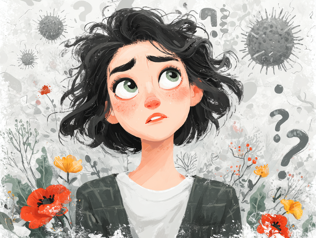 Mulher com expressão de dúvida cercada por ícones de fungos, bactérias e sinais de interrogação, representando a dificuldade de identificar se a coceira é candidíase ou outra condição.