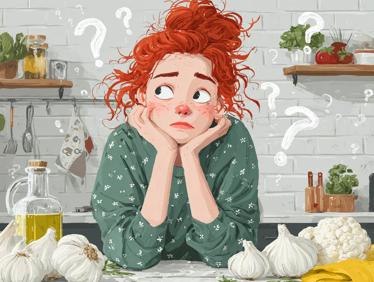 Mulher ruiva com expressão de dúvida olhando para um alho gigante, símbolo visual do questionamento sobre remédio caseiro para candidíase.