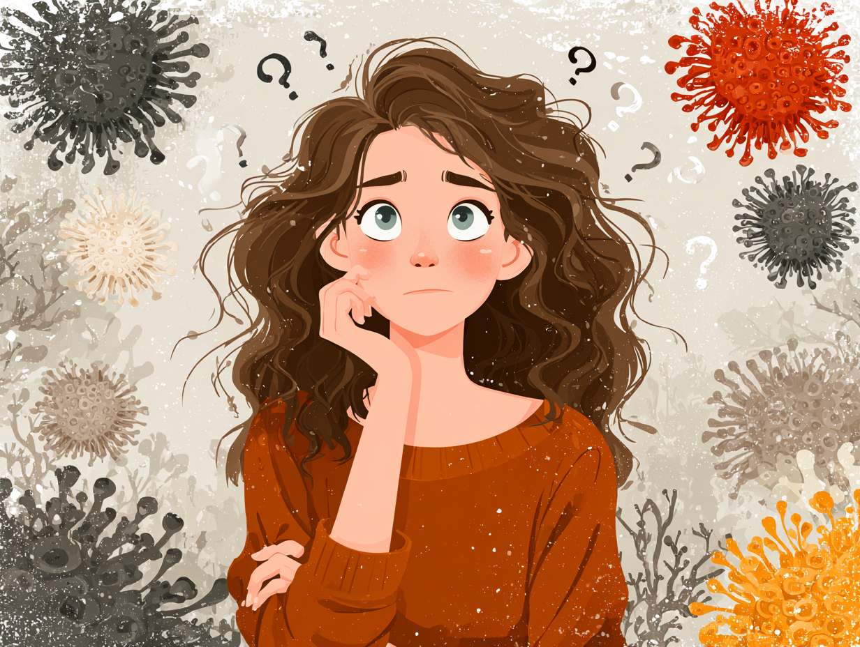 Ilustração flat de mulher com dúvida se está com candidíase, cercada por símbolos de fungos e interrogações na cabeça