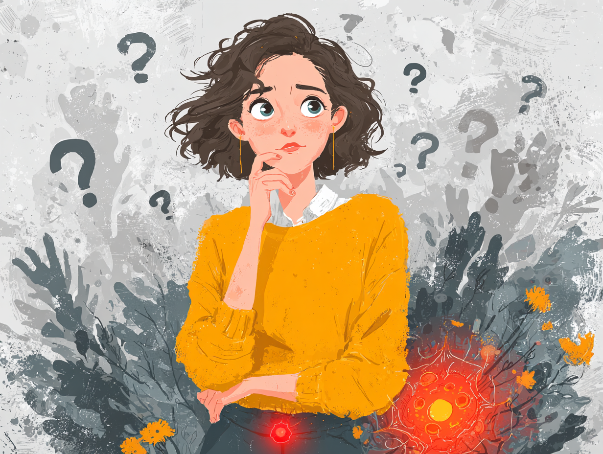 Mulher com dúvidas observando um fungo, com ponto vermelho na região pélvica, representando incerteza sobre candidíase.