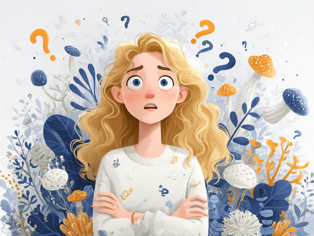 Flat-style digital medical illustration of a confused blonde woman, question marks around her head, symbolic fungi illustrations floating around her, soft background, clean white setting, 4:3 aspect ratio, concept of uncertain diagnosis and vaginal discomfort