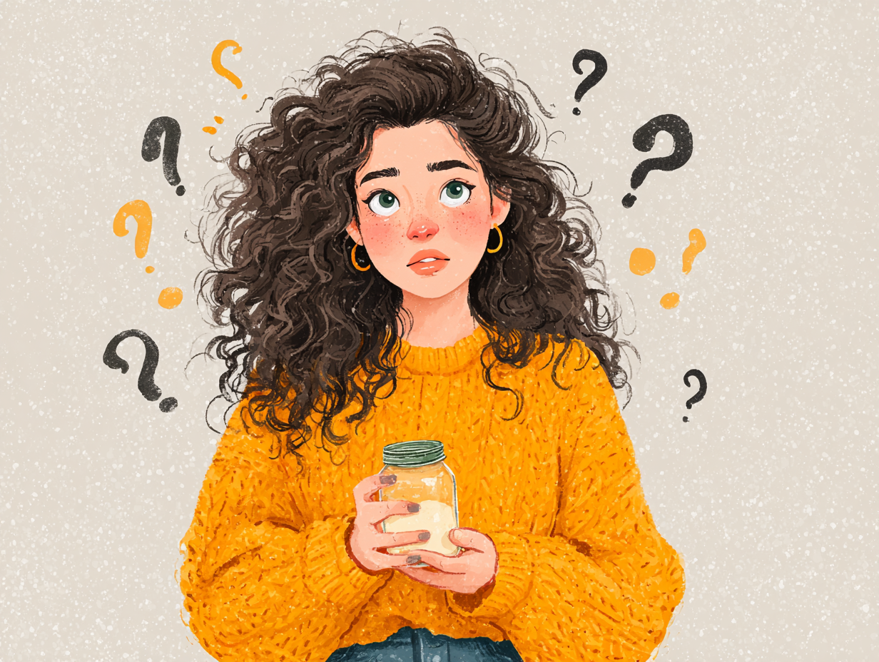 Ilustração flat de mulher morena com expressão de dúvida segurando suplemento, representando incertezas sobre a eficácia dos probióticos para candidíase.