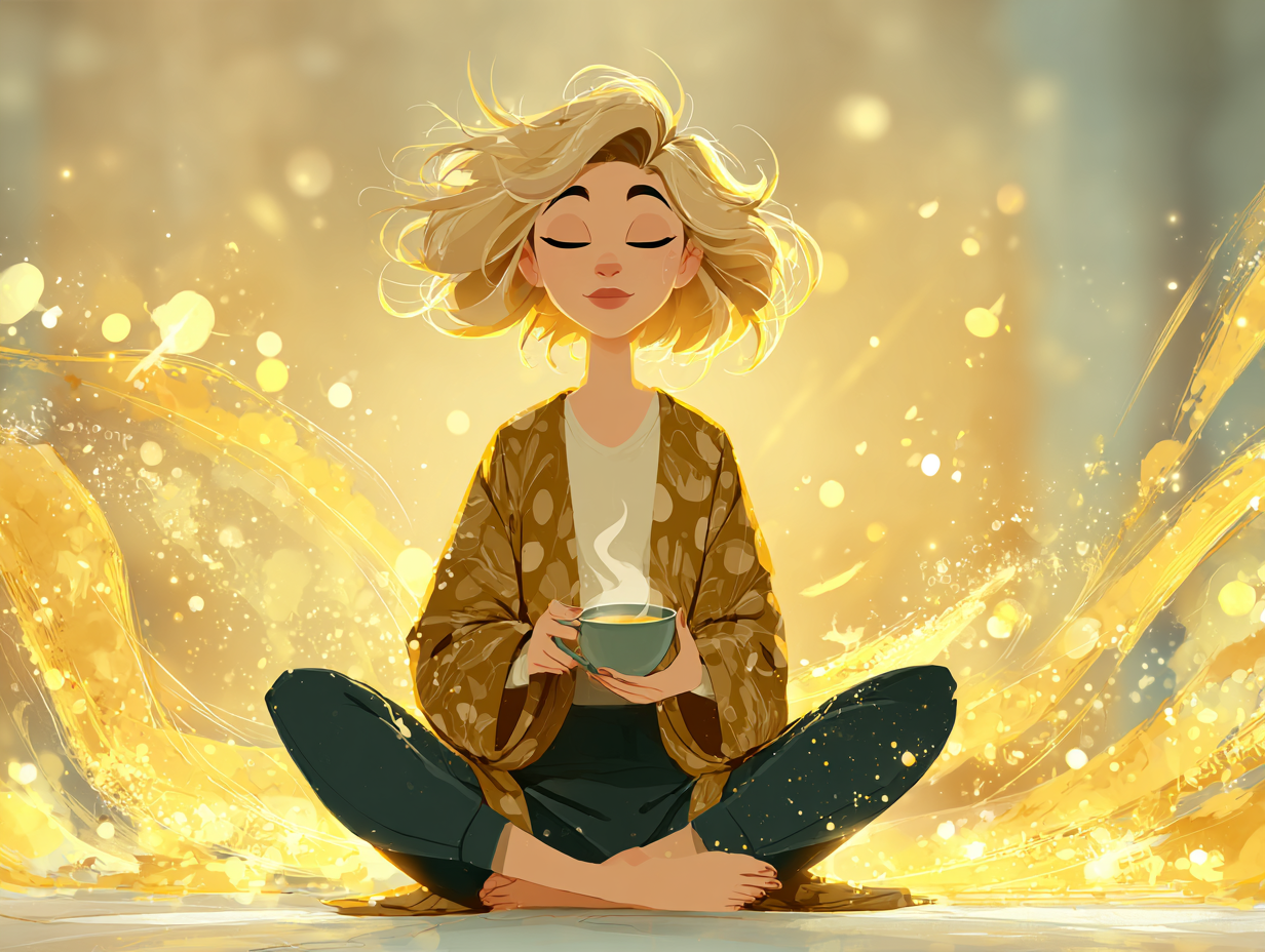 Ilustração de uma mulher loira sorrindo com os olhos fechados, meditando com um chá na mão e uma aura dourada ao redor, simbolizando bem-estar e prevenção da candidíase e estresse crônico.