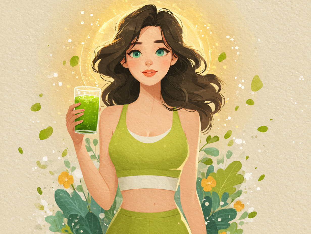 Ilustração de uma mulher morena feliz com estilo de vida saudável, envolta por uma aura dourada no abdômen, simbolizando equilíbrio intestinal e prevenção da candidíase.