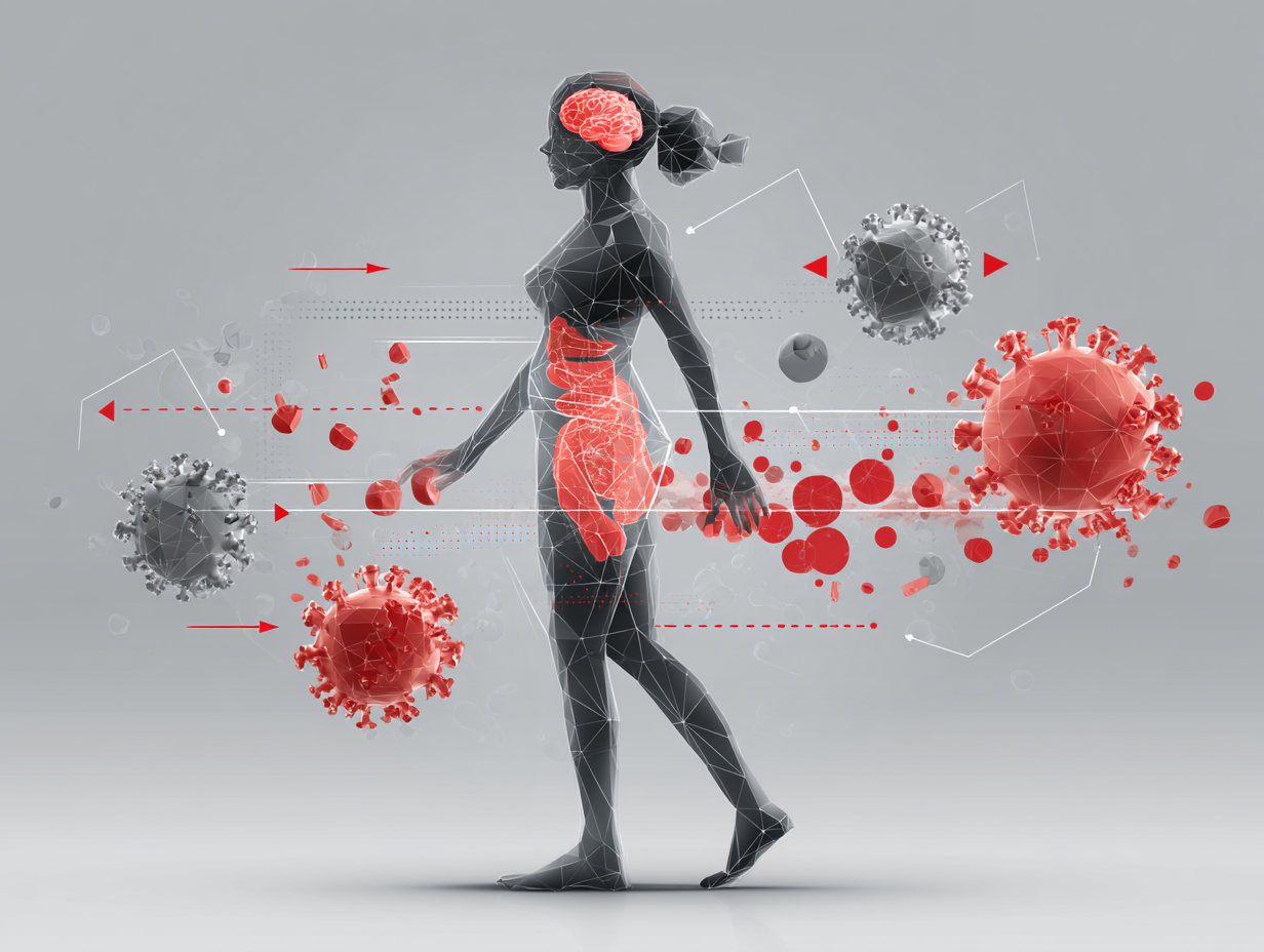 Representação do impacto do estresse sobre o eixo intestino-cérebro-vagina, com destaque para desequilíbrios da flora vaginal.