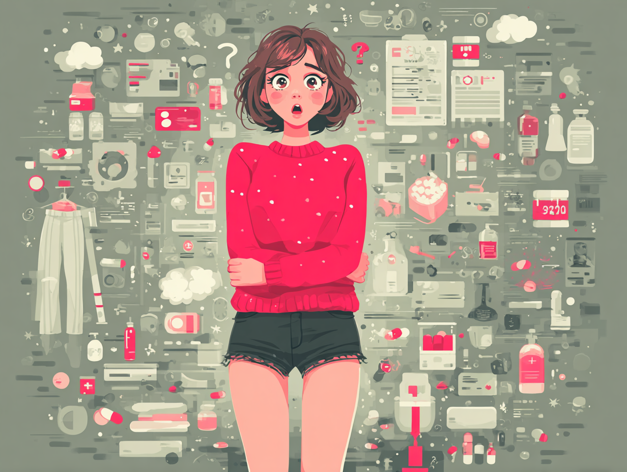 Ilustração médica com ícones simbólicos das causas da candidíase, como açúcar, estresse, umidade, calor e fungos