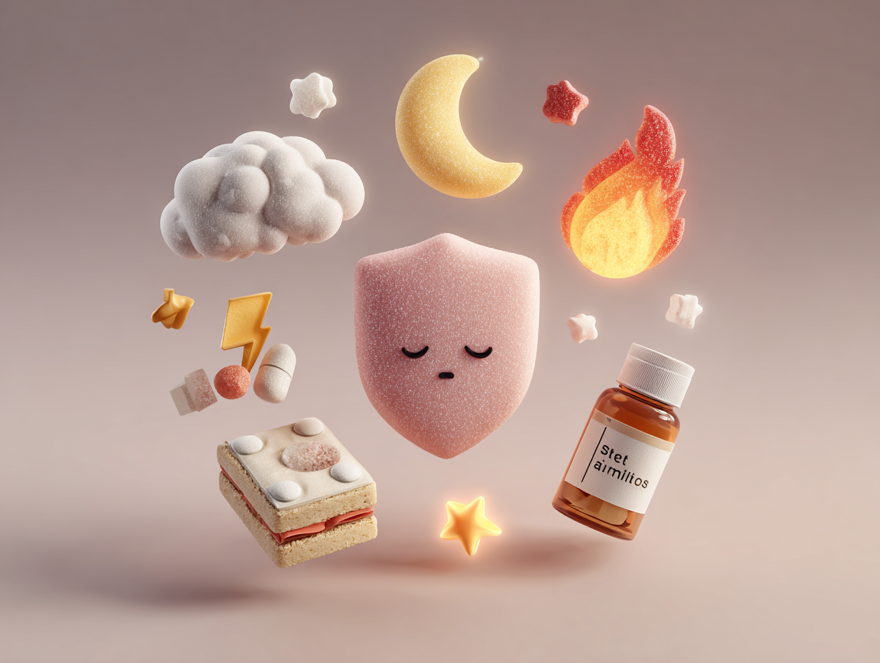 Ilustração com ícones representando fatores que enfraquecem a imunidade: estresse, açúcar, antibióticos, sono ruim e inflamação.