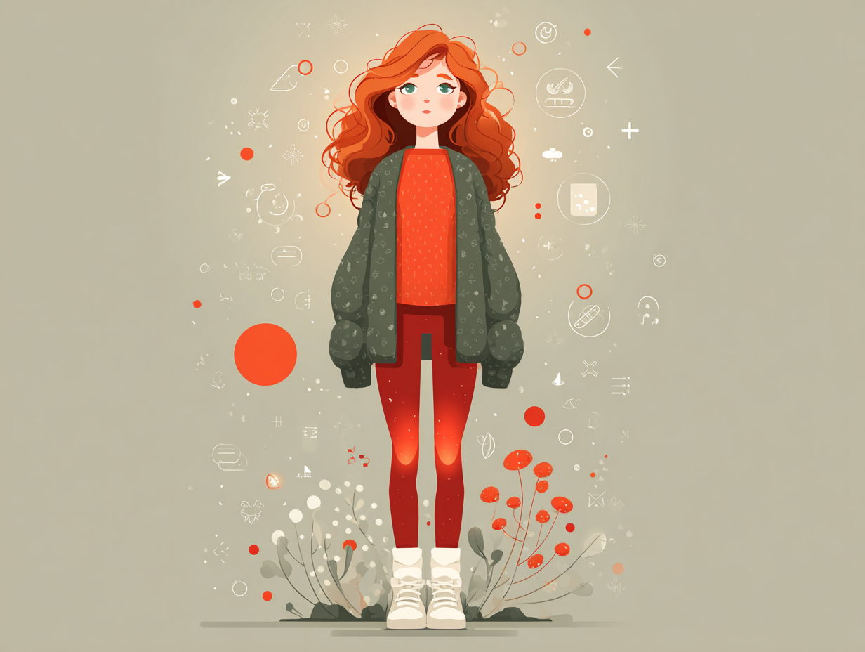 Mulher ruiva cercada por símbolos como açúcar, estresse, antibióticos e calor, representando fatores que favorecem o crescimento do fungo Candida.