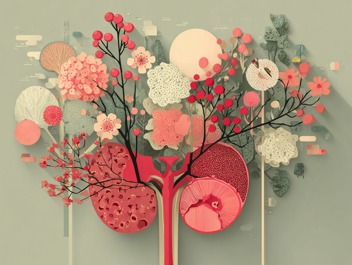 Ilustração médica mostrando o sistema reprodutivo feminino com sinais visuais de desequilíbrio hormonal e candidíase