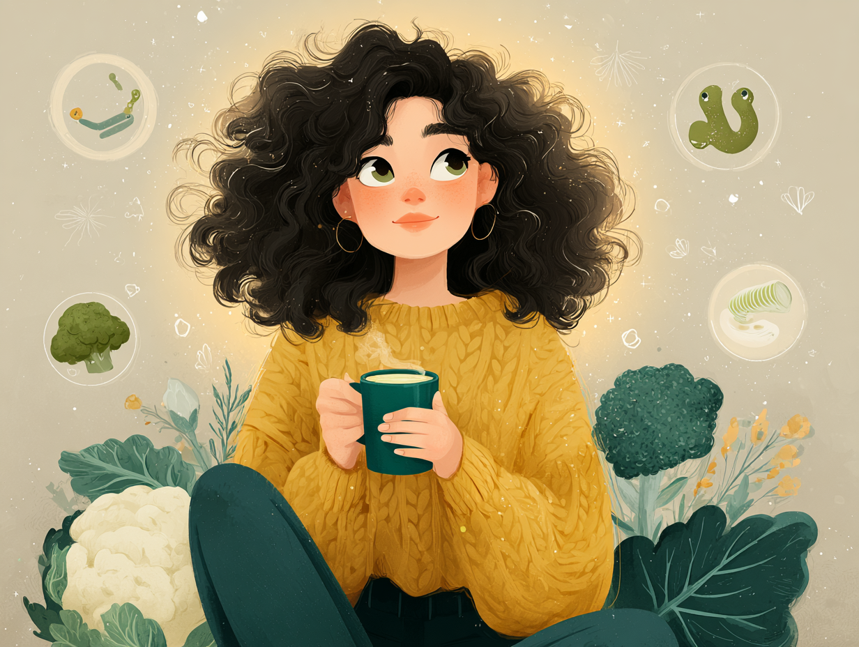 Mulher sorrindo com chá natural ao lado de elementos que representam estratégias para fortalecer o sistema imunológico e prevenir a candidíase.