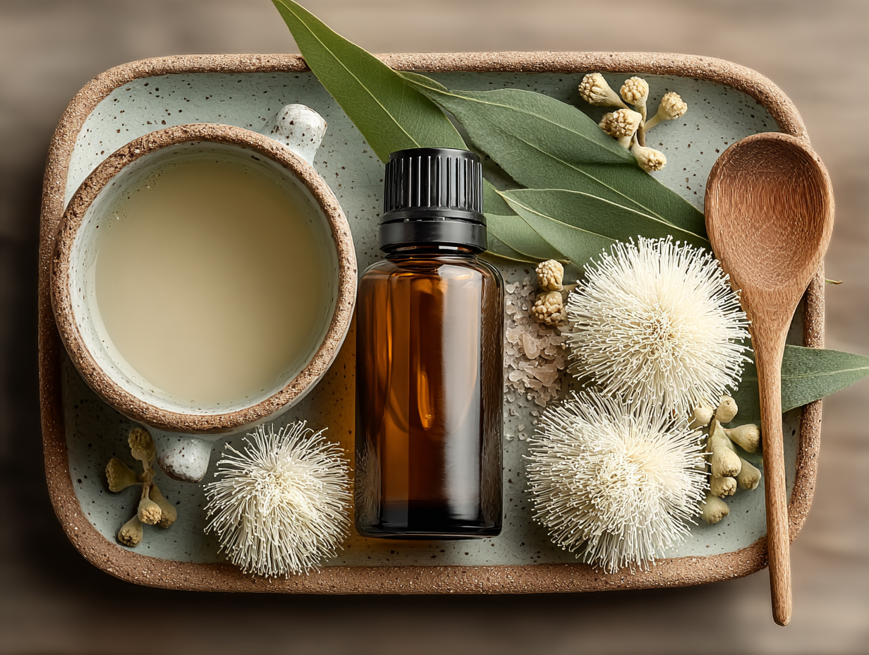 Imagem realista de um frasco de óleo de melaleuca com elementos botânicos ao redor, simbolizando sua ação antifúngica natural.
