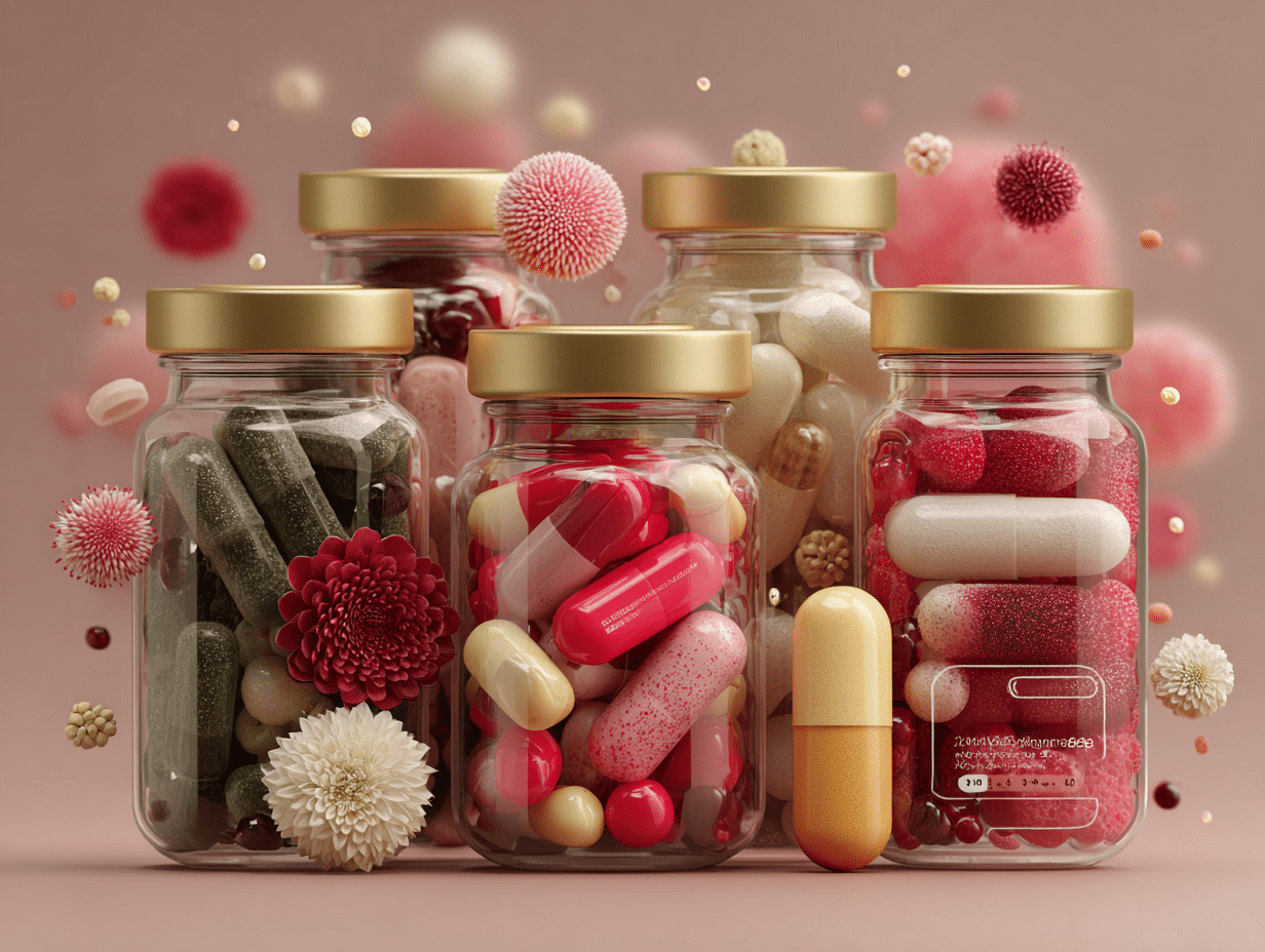 Ilustração flat de frascos abertos e cápsulas espalhadas, com ícones simbólicos de probióticos ao redor, representando suplementos sem rótulo para candidíase.