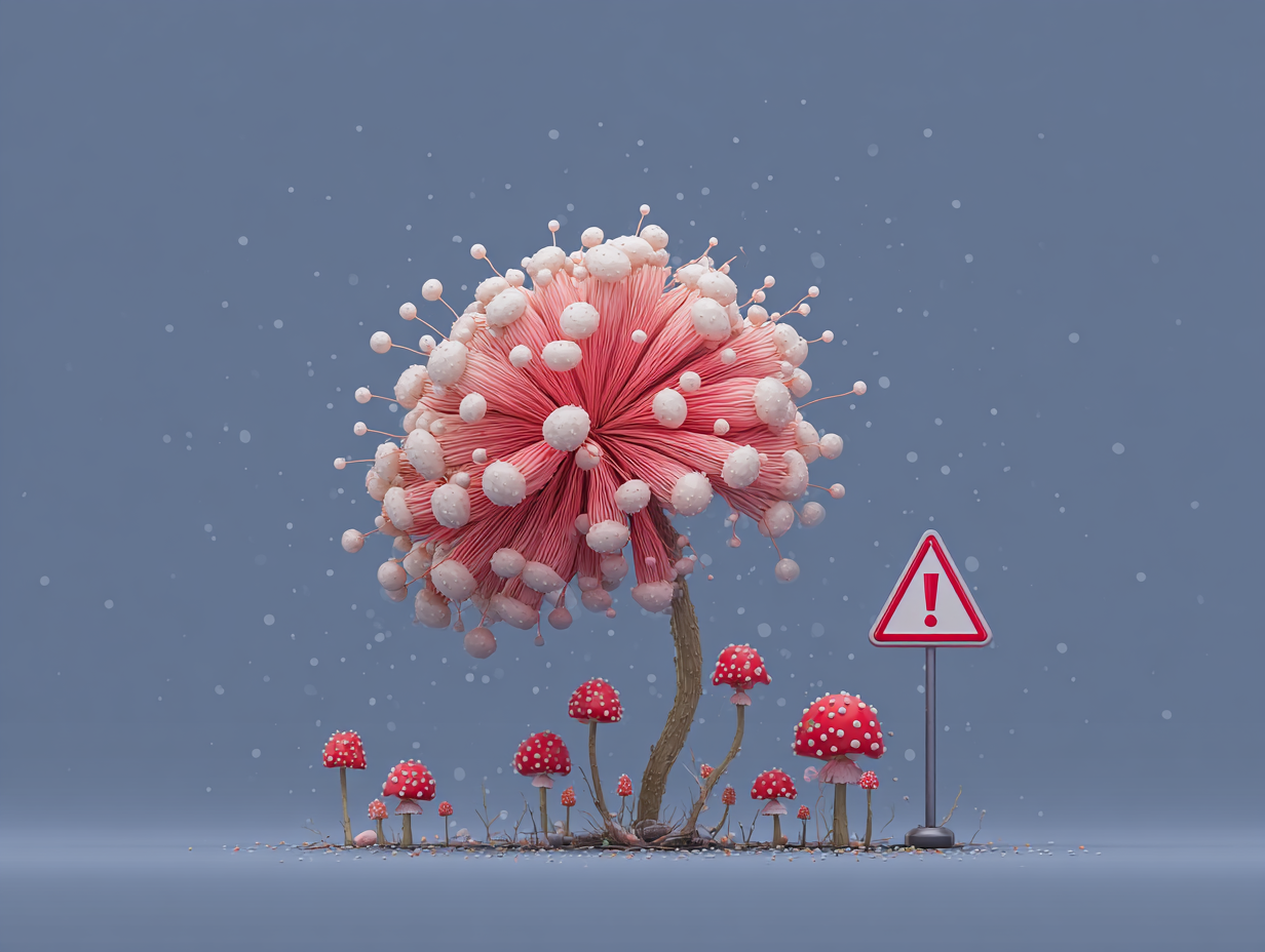 Ilustração conceitual de um fungo Candida com sinal de alerta vermelho ao lado, indicando risco de proliferação em casos de desequilíbrio emocional e imunológico.